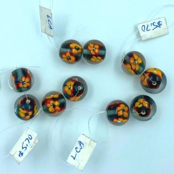 Handmade Glass Beads With Floral Design 10mm Round Multicolor Yellow & Red Set O - Picture 2 of 2
